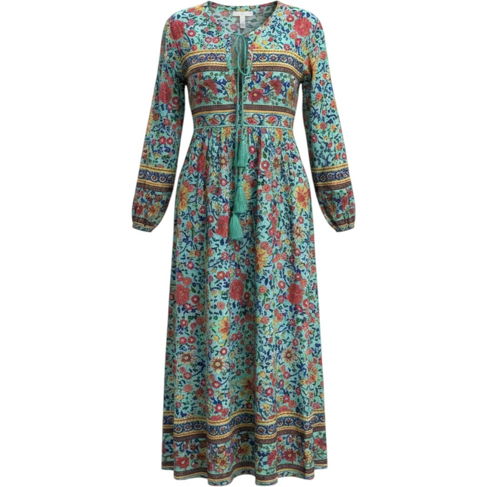 Boho Floral Midi Dress Teal Pink Long Sleeve Tassel Empire Waist Womens S 4/6